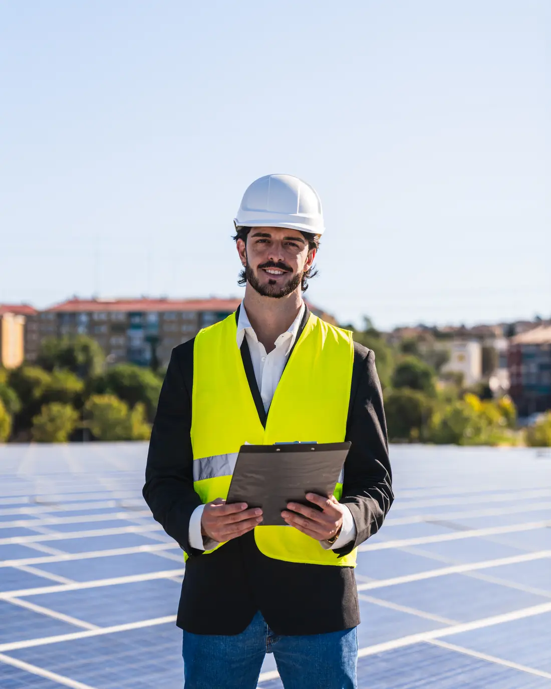 Adviseur inspecteert een zonnepaneelinstallatie op een dak